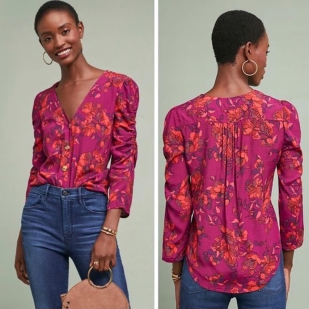 Anthropologie Maeve Jourdain Floral Purple Ruched Sleeve V Neck Top